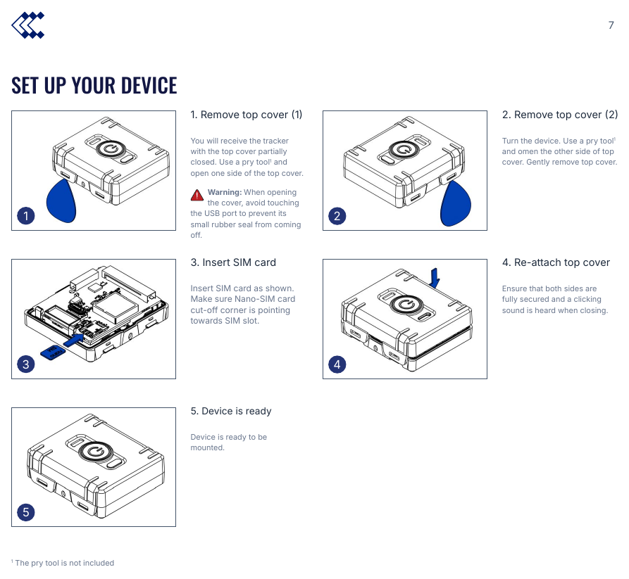 Teltonika ATC700 setup steps: open cover, insert SIM, re-attach cover
