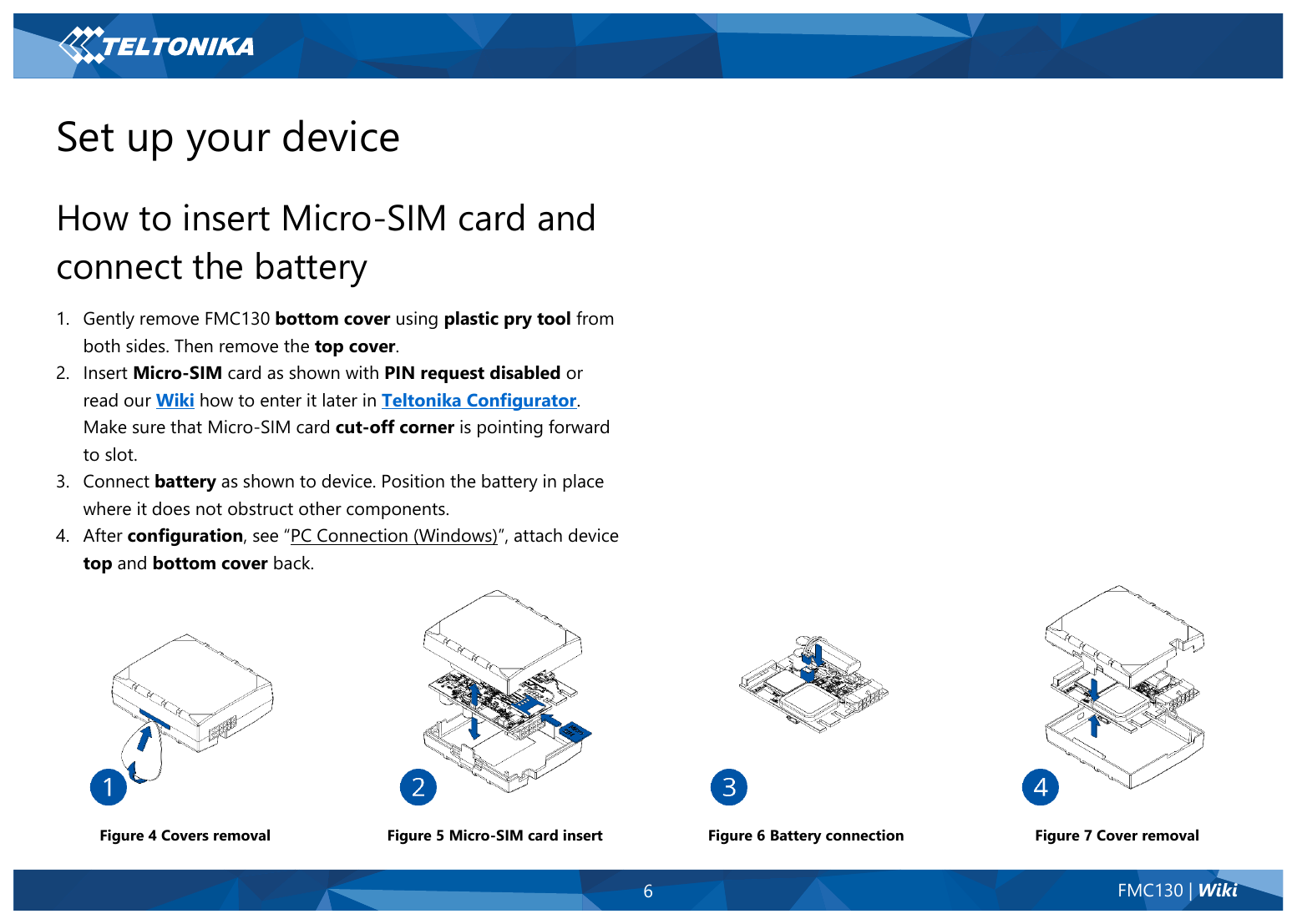 Teltonika FMC130 setup: insert Micro-SIM card and connect the battery