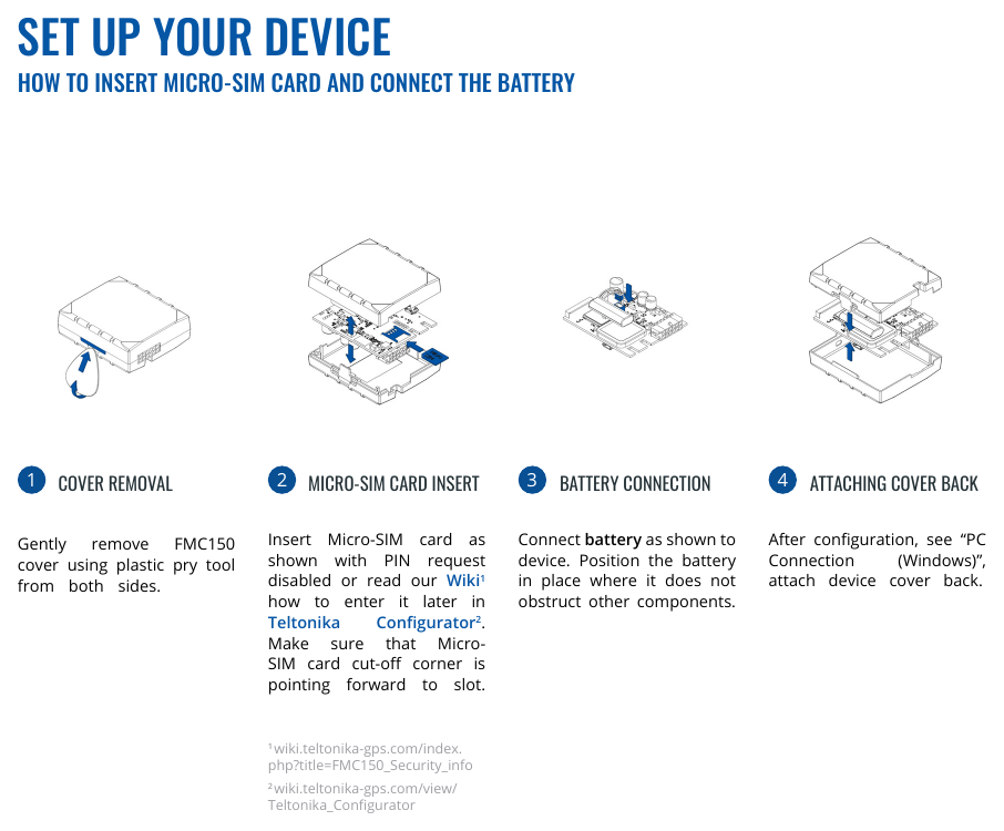 Teltonika FMC150 setup: remove the cover, insert the Micro-SIM card, connect the battery