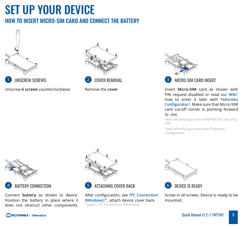 Teltonika FMT100 setup steps: open cover, insert Micro-SIM, connect battery, close cover